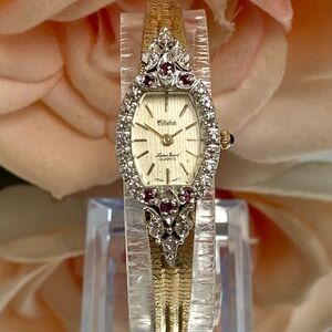 Vintage Lucien Piccard Diamond & Ruby Accented Bezel Dainty Cocktail Watch